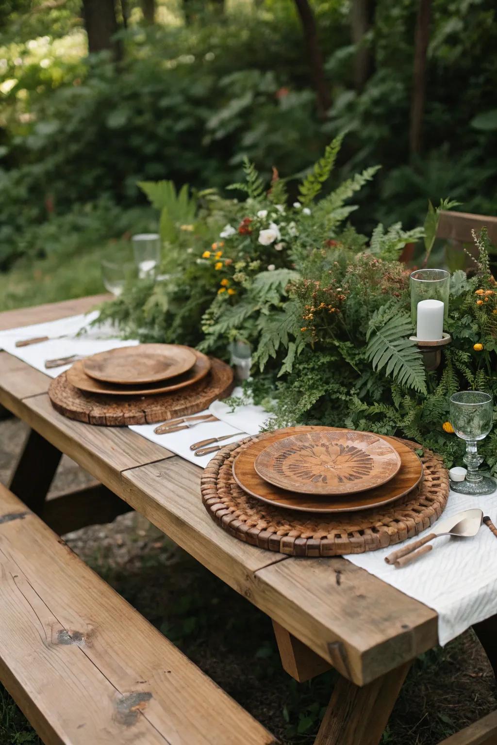 Wooden elements and greenery bring rustic charm to this picnic table.
