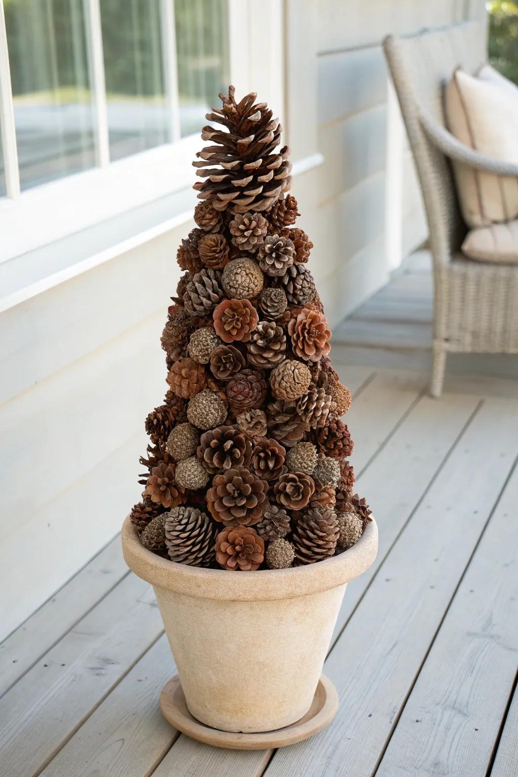 Elevate your porch with this stunning pine cone topiary—where simplicity meets natural elegance.