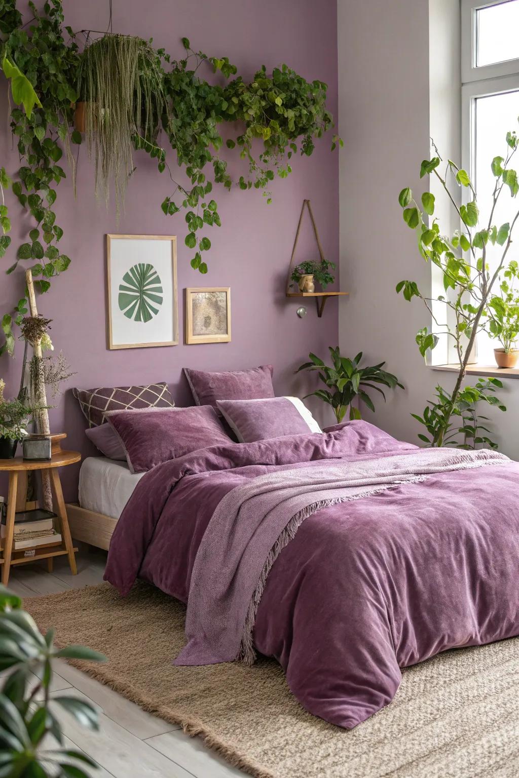 Lush green plants add life and contrast to plum interiors.