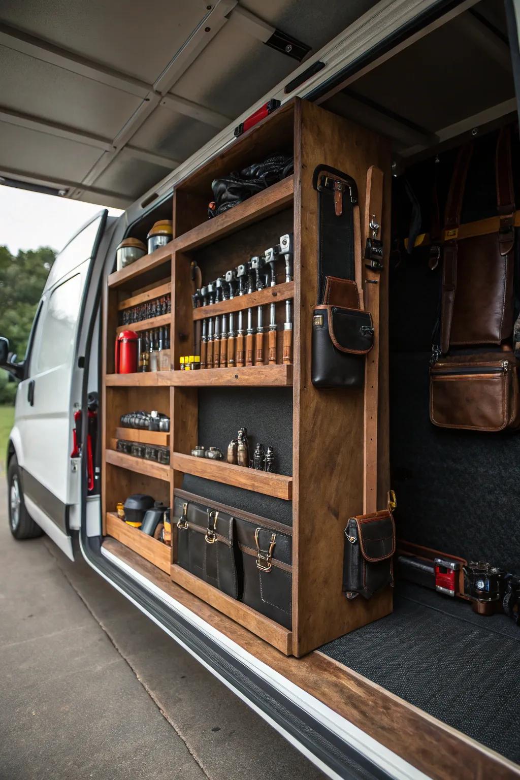 Elevate your plumbing van's organization with vertical storage! Experience the perfect blend of craftsmanship and practicality.