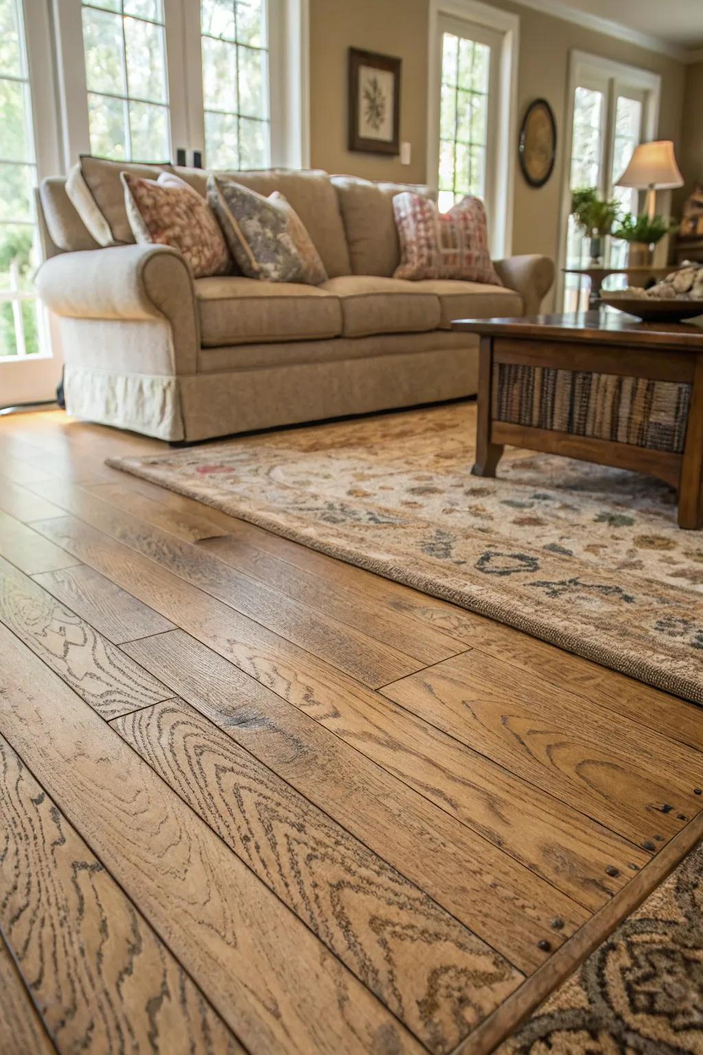 Elevate your space with the natural beauty of plywood flooring and the cozy charm of area rugs.