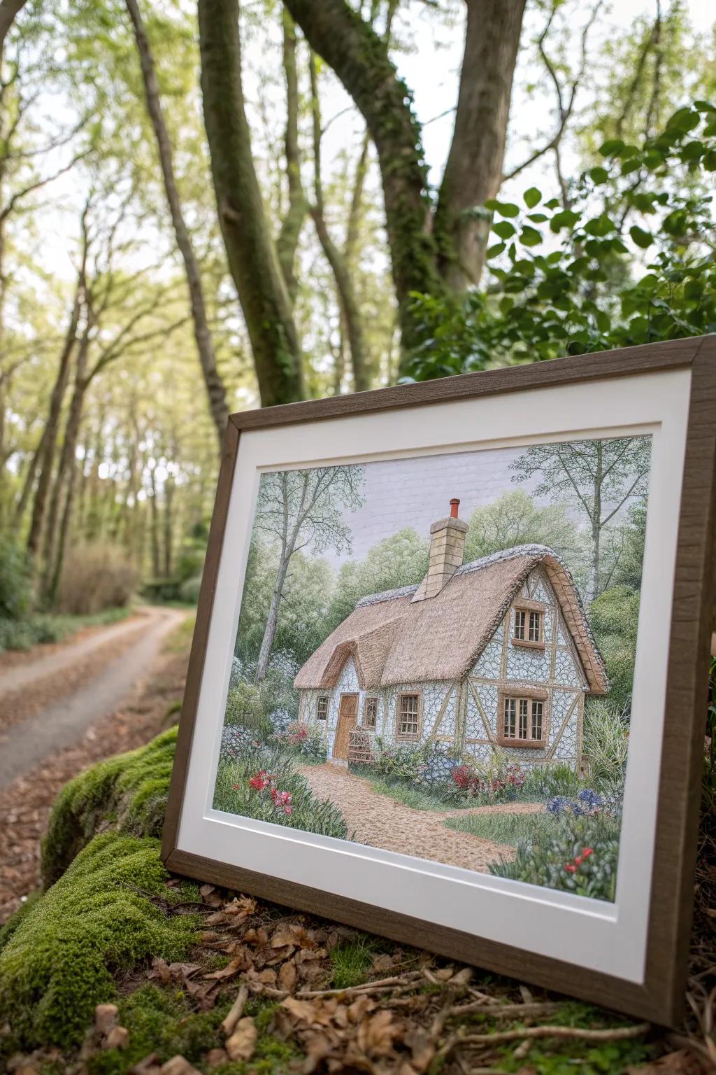 Discover serenity in simplicity with this charming pointillism cottage art.