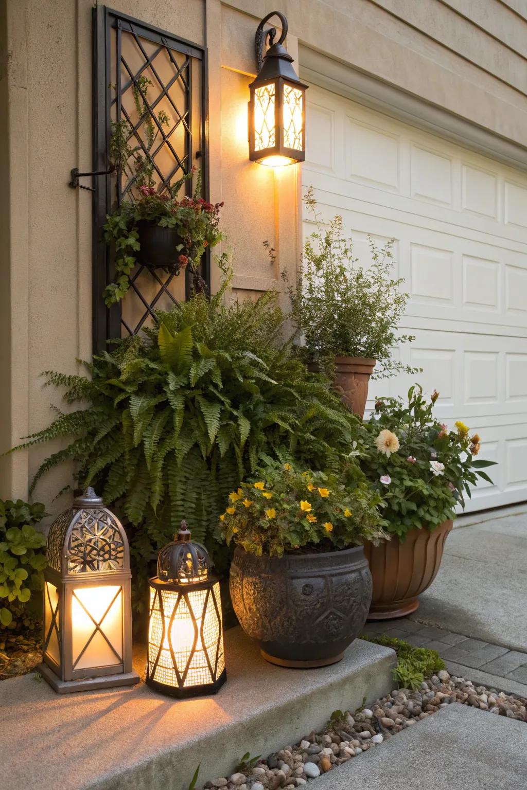 Lanterns adding a magical glow to the plant arrangement.