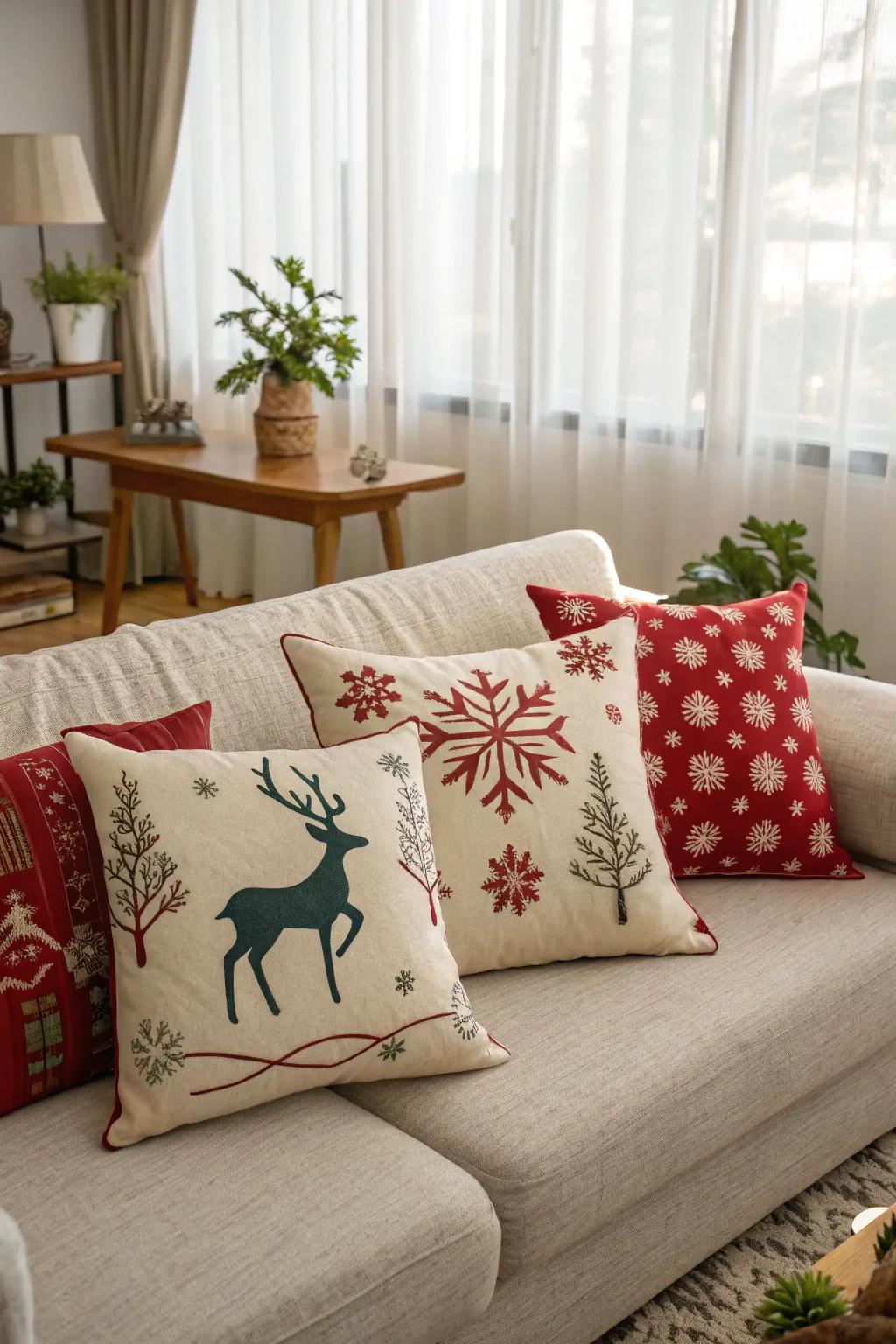 Festive throw pillows add holiday cheer to the living room.