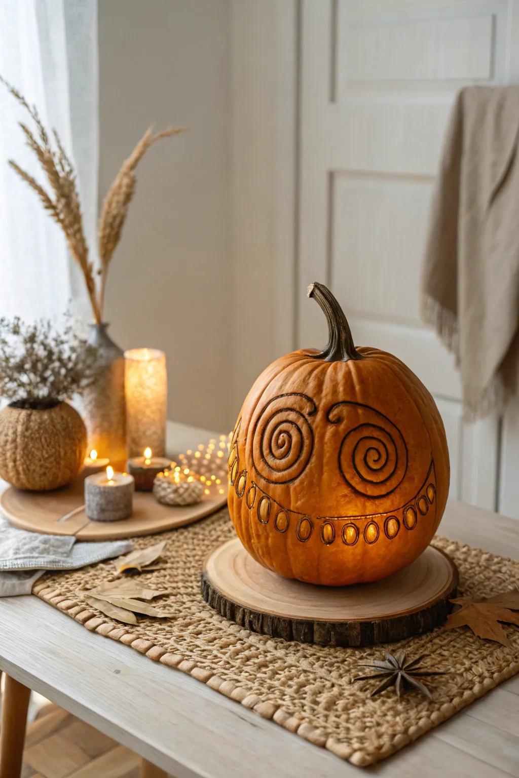 Get lost in the mesmerizing spiral eyes of this beautifully carved pumpkin.