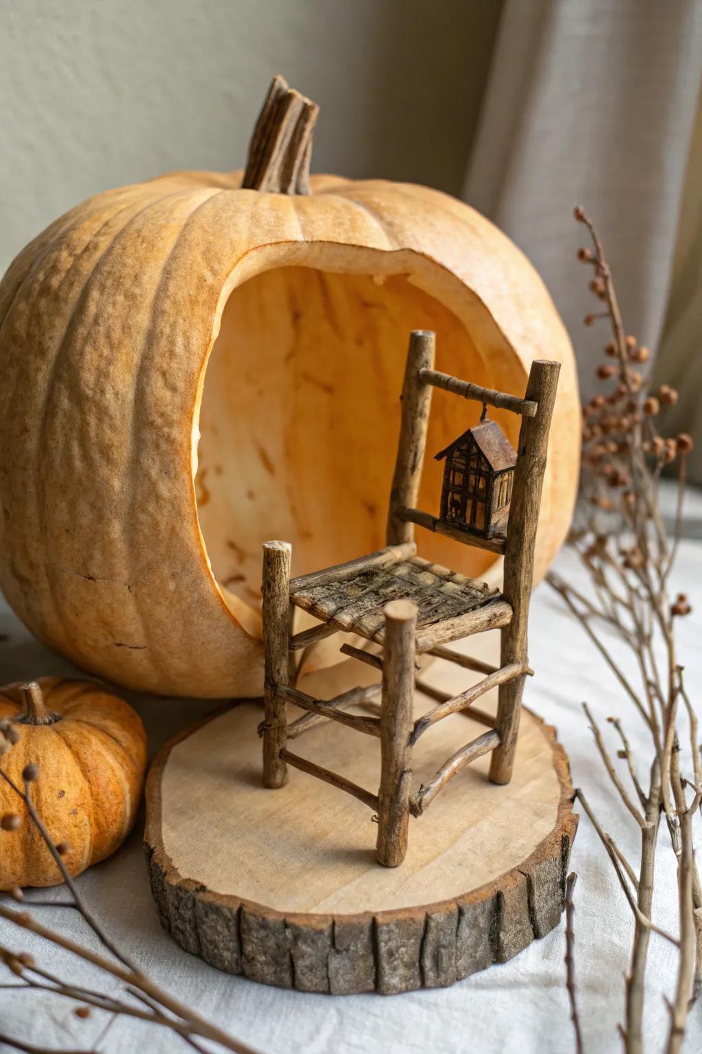 Step into the enchanting world of fairy tales with this charming twig and bark chair, perfect for a cozy pumpkin retreat.