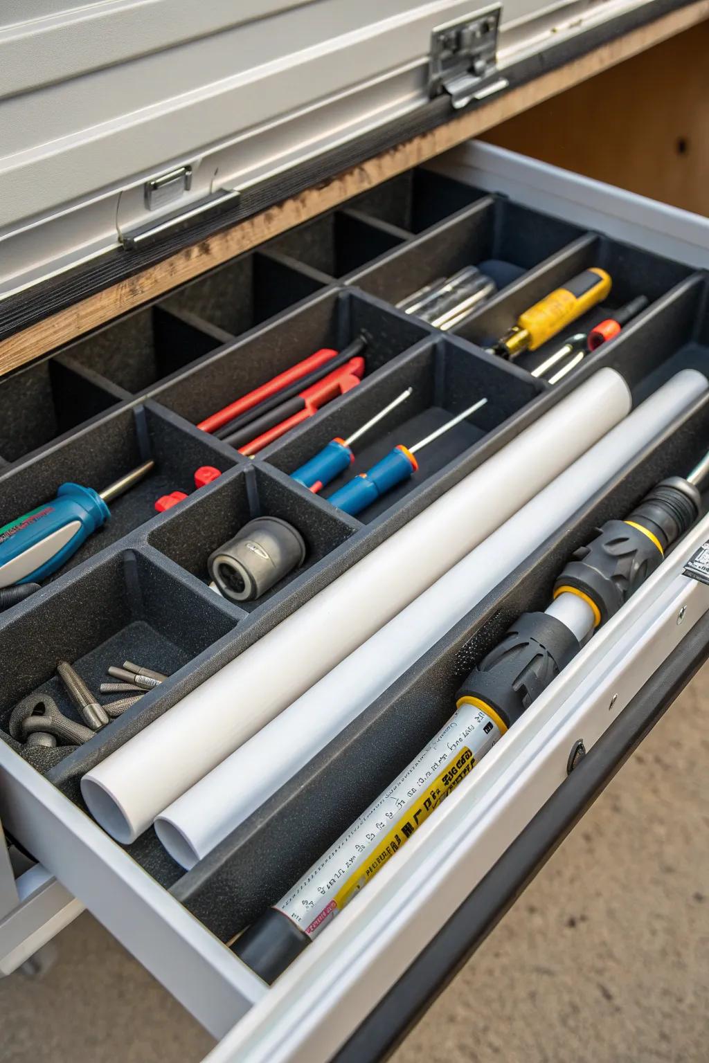 Transform your toolbox with sleek PVC pipe dividers for ultimate organization and style.