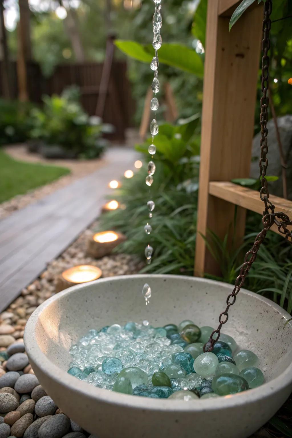 Transform your garden into a haven of tranquility with a glass pebble rain chain basin that sparkles with every drop.