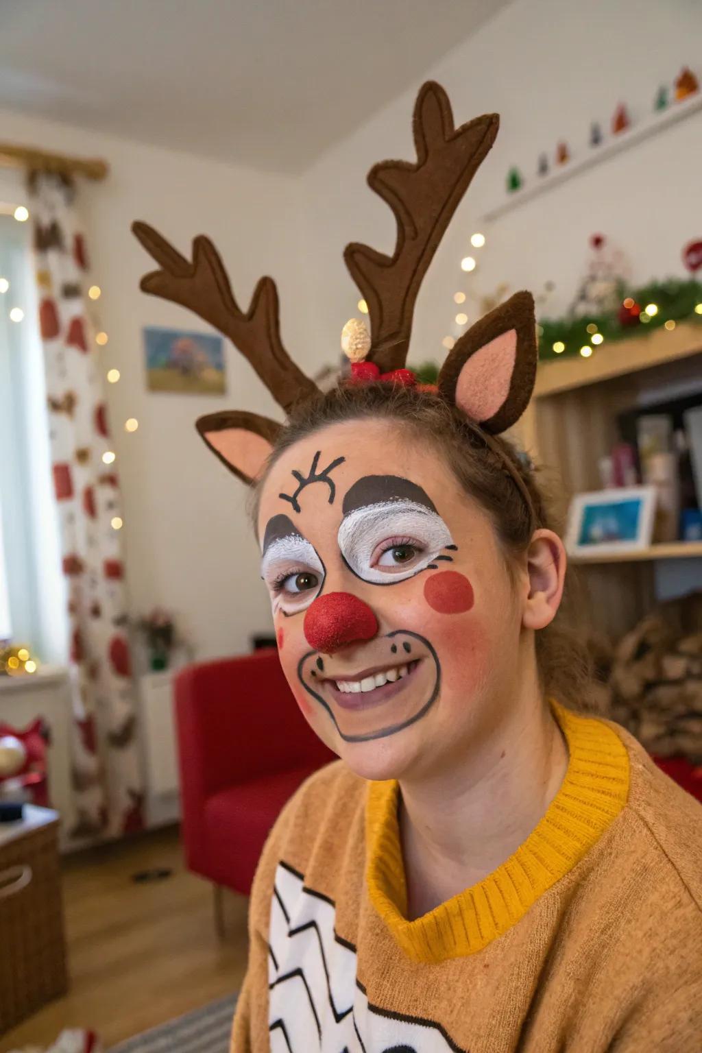 Cartoonish features bring a fun and playful vibe to reindeer face paint.