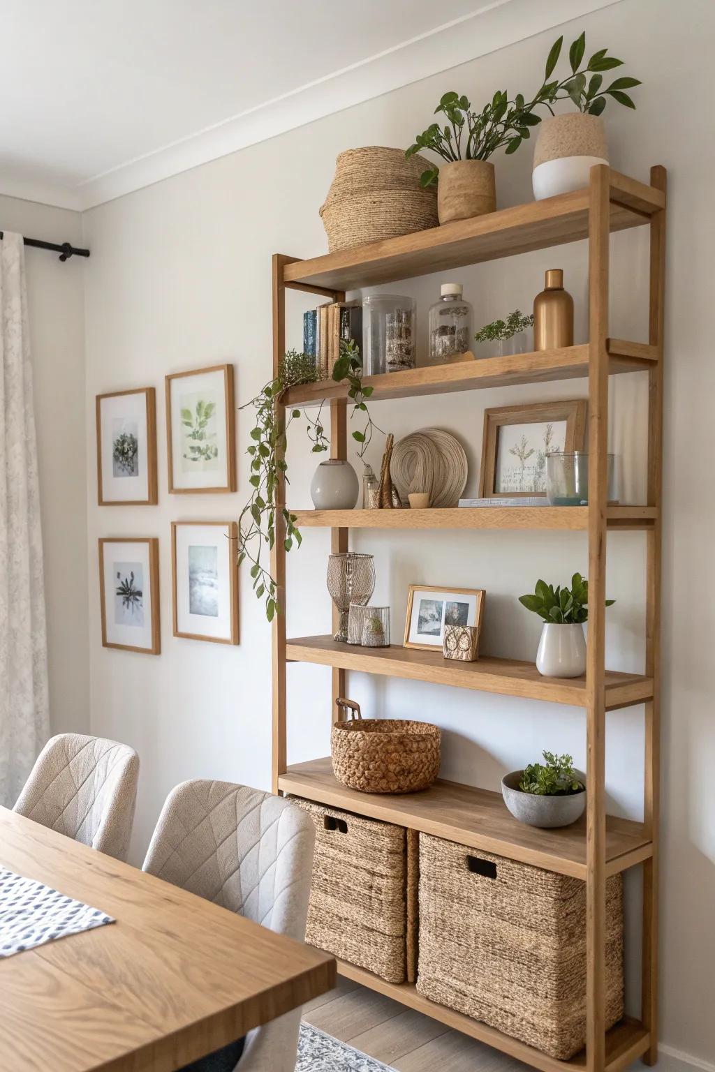 Transform your dining room with multifunctional shelving that beautifully blends simplicity and artistry.