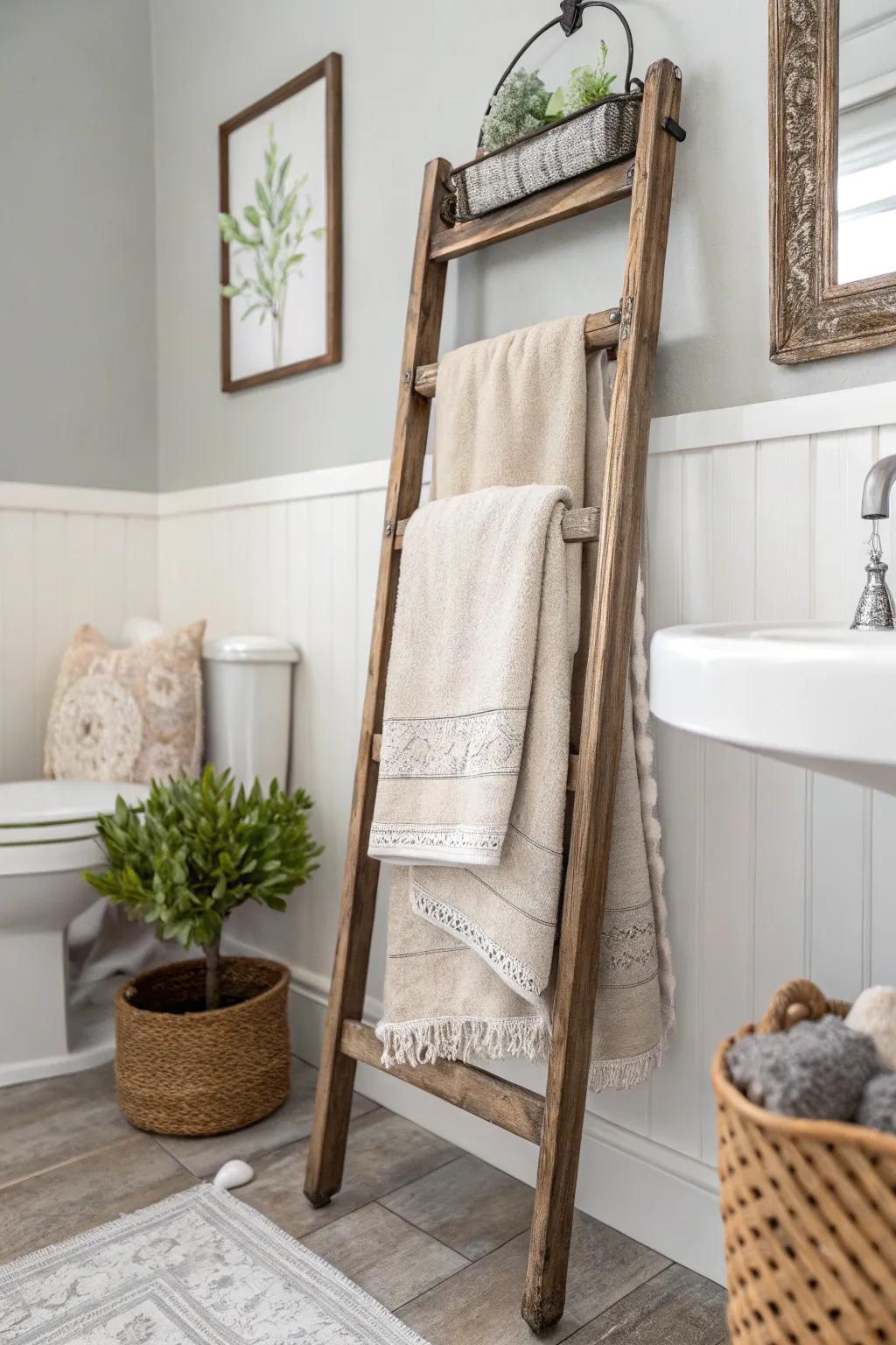 Transform vintage charm into functionality with this chic chair-back towel rack! #ScandiBoho #RepurposedBeauty
