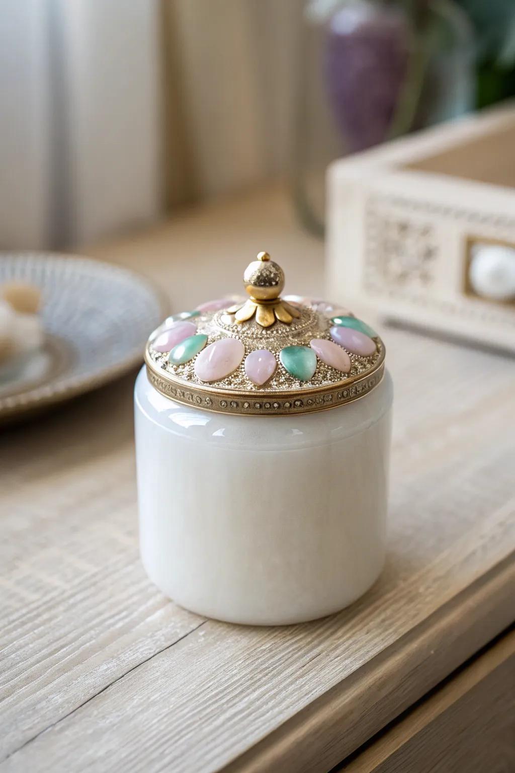 Add a touch of elegance with a gem-topped resin jar, perfect for any minimalist decor.