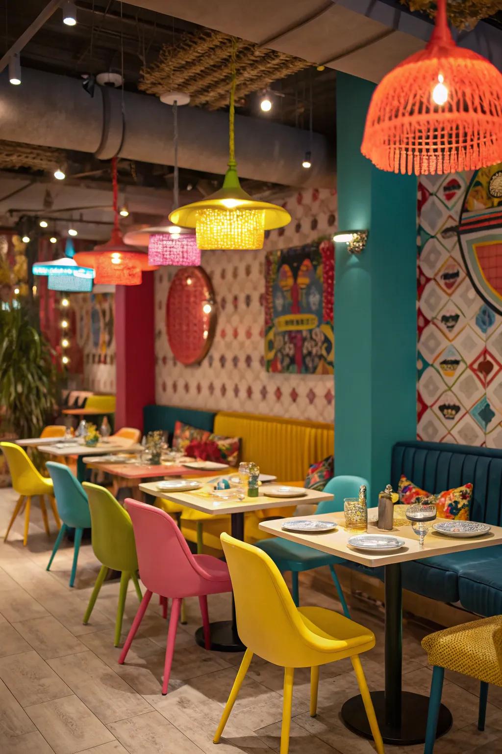 A fun and playful restaurant with unexpected color combinations.