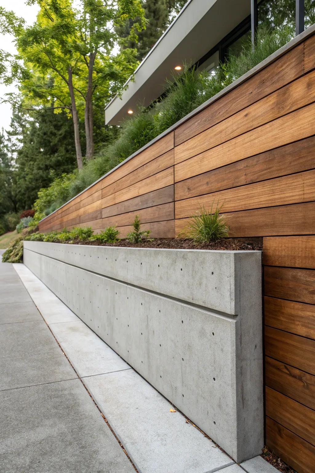 Elevate your outdoor space with the perfect blend of concrete and wood for a contemporary retaining wall.
