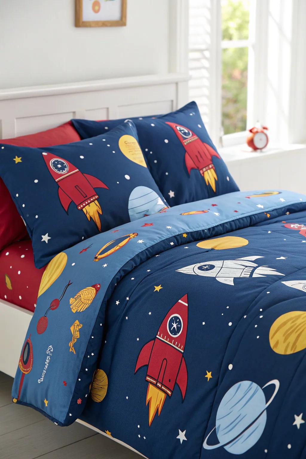 Dream of the stars with rocket-themed bedding.