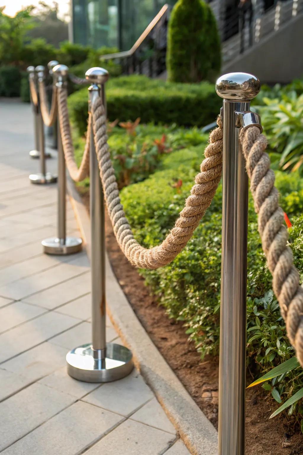 Elevate your garden with a rope fence that masterfully combines rustic charm and industrial elegance.