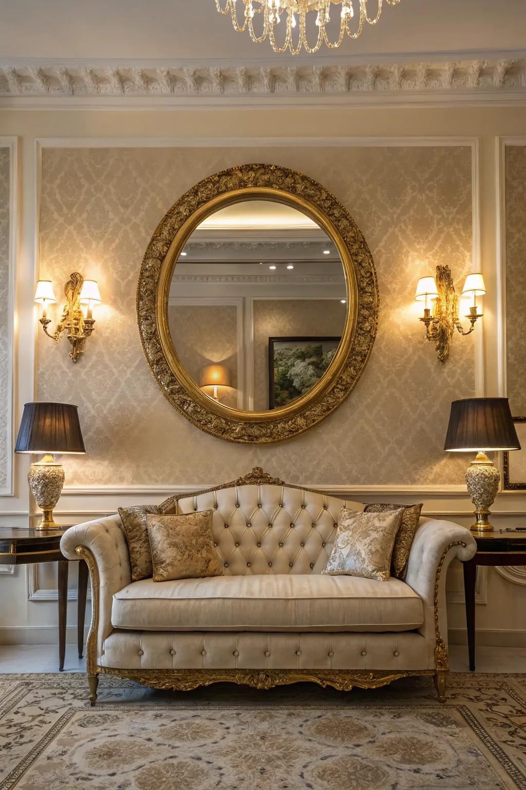 Gold-framed round mirror bringing elegance to a sophisticated living room.