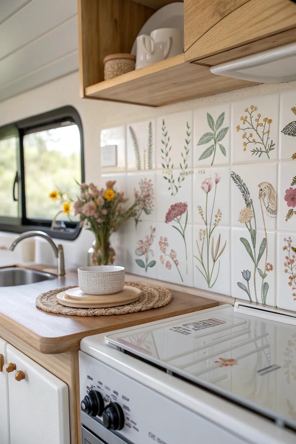 Bring the beauty of nature into your RV kitchen with stunning floral prints that add a touch of elegance and serenity.