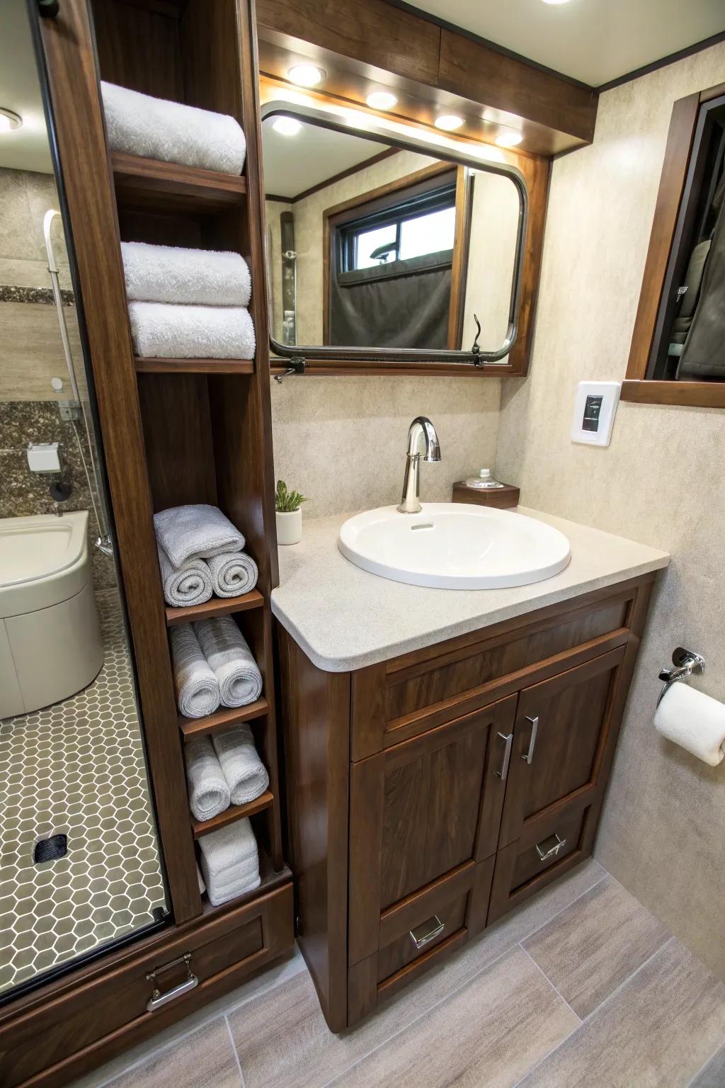 Transform your RV bathroom into a space of elegance and efficiency with a compact vanity that blends style and craftsmanship.