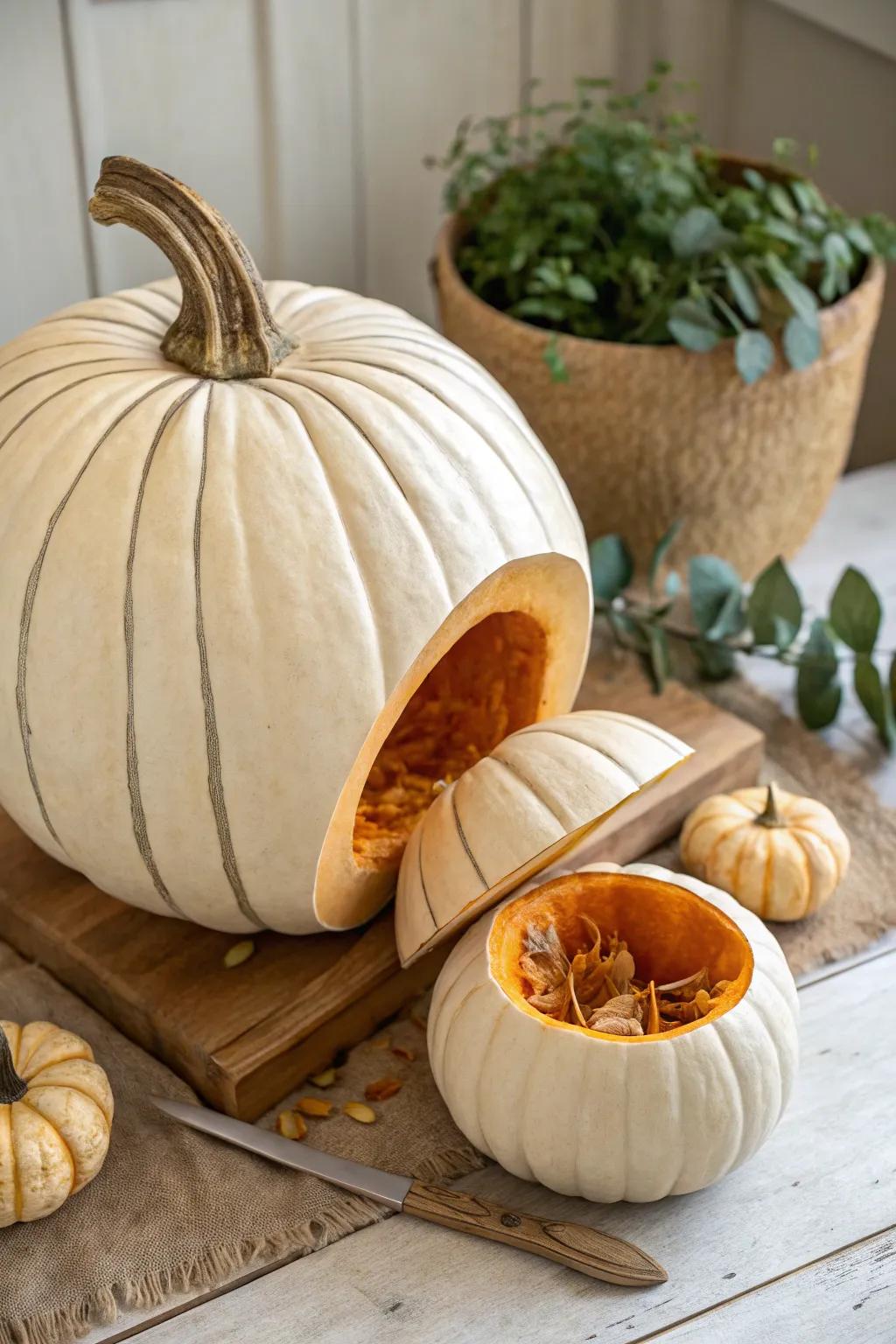 Discover the hidden charm: A pumpkin within a pumpkin, where craftsmanship meets natural elegance.