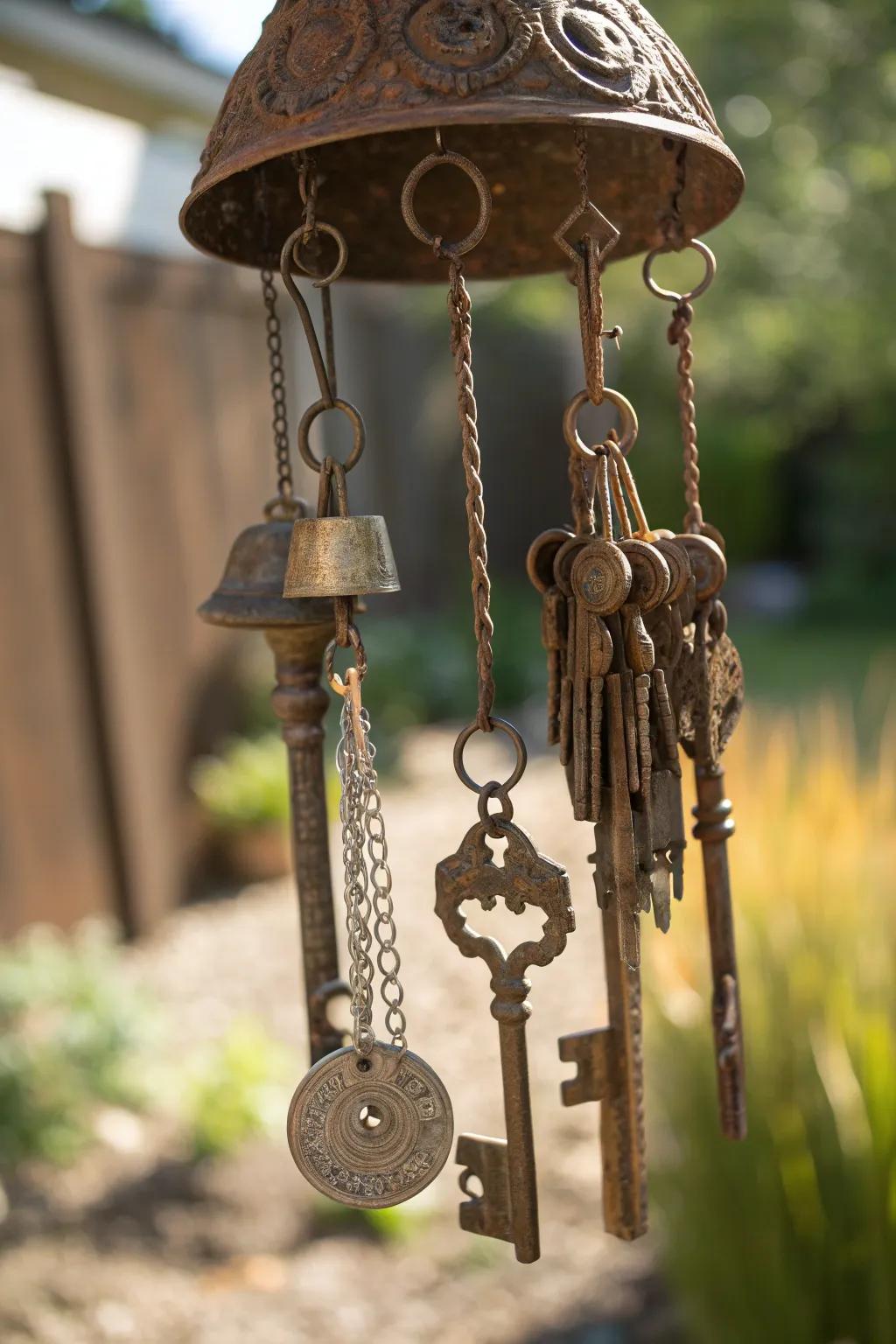 Transforming scrap metal into melodic art: a wind chime that sings in the breeze.