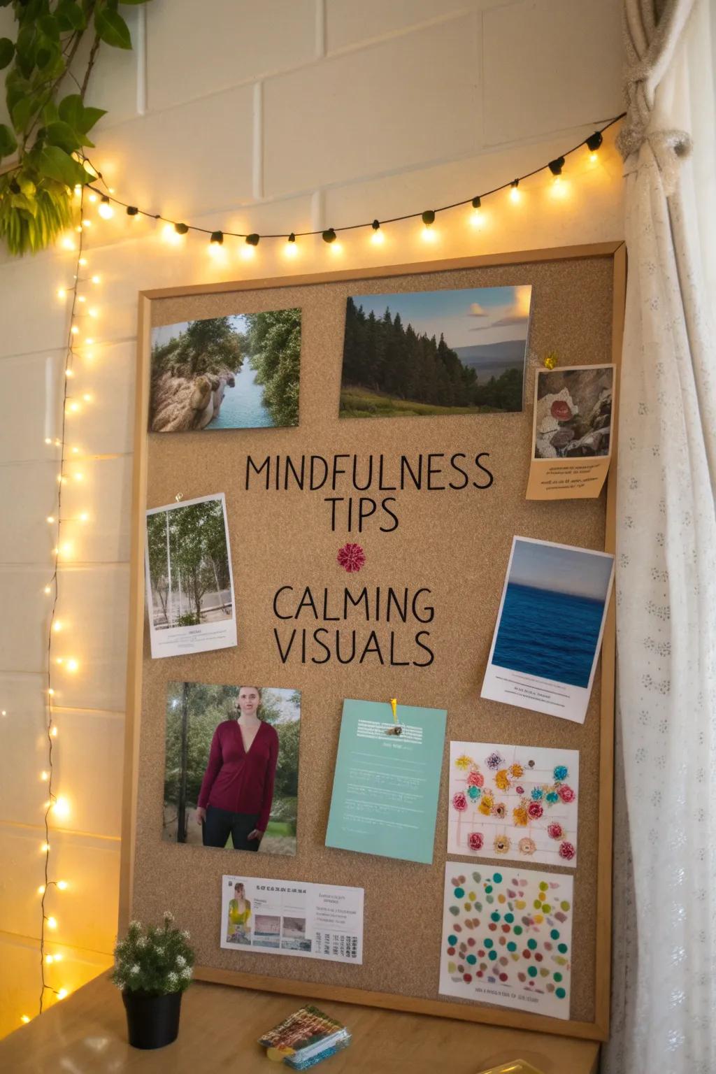 A mindfulness corner with tips and exercises for workplace relaxation.