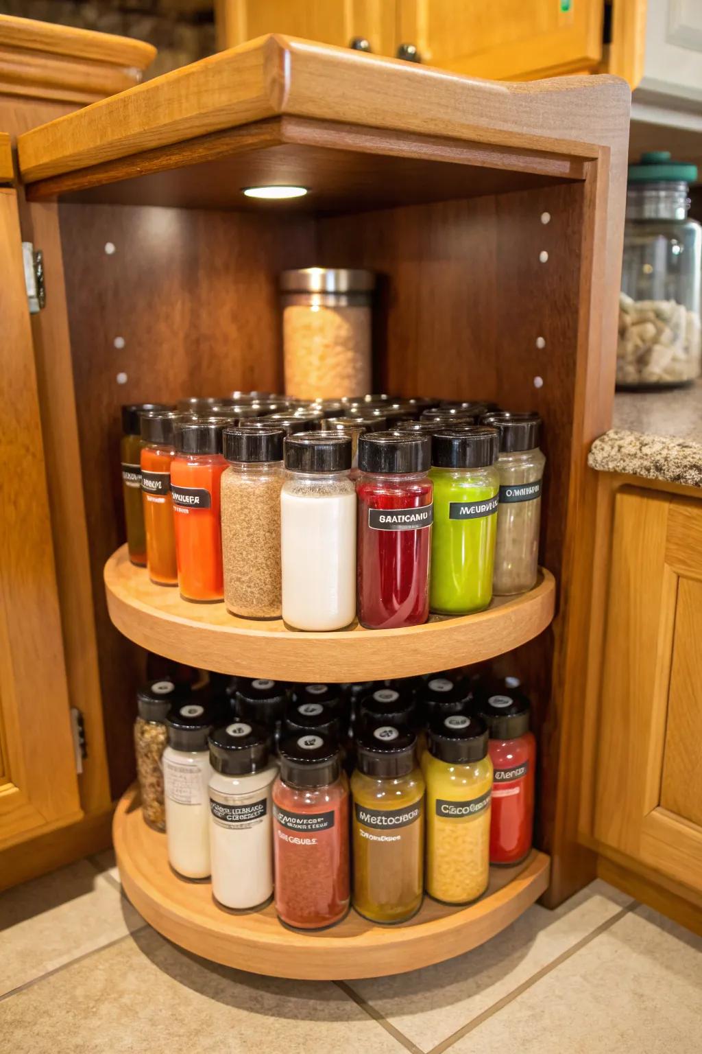 A Lazy Susan provides easy access to shaker bottles in corner cabinets.