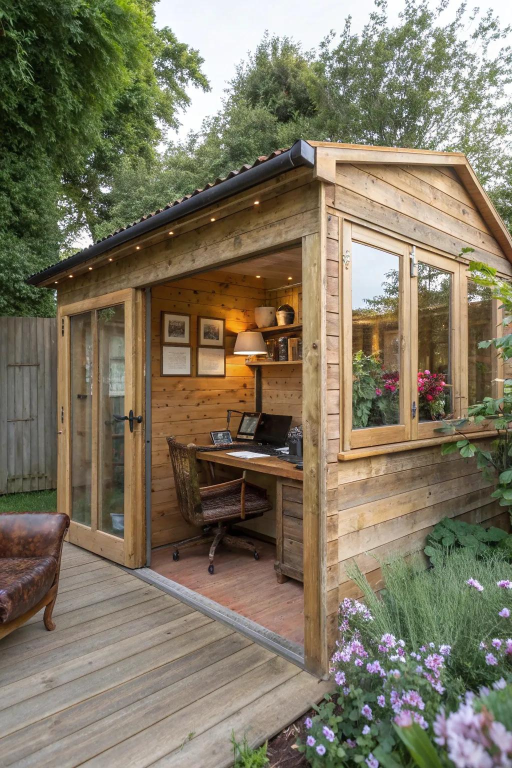 Transform your garden shed into a serene home office retreat, where craftsmanship meets comfort.