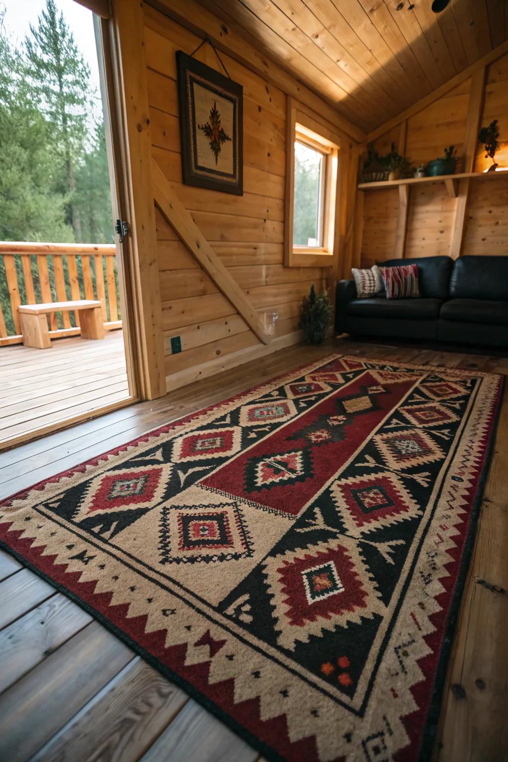 Transform your shed into a budget-friendly man cave with a statement rug that defines your space.
