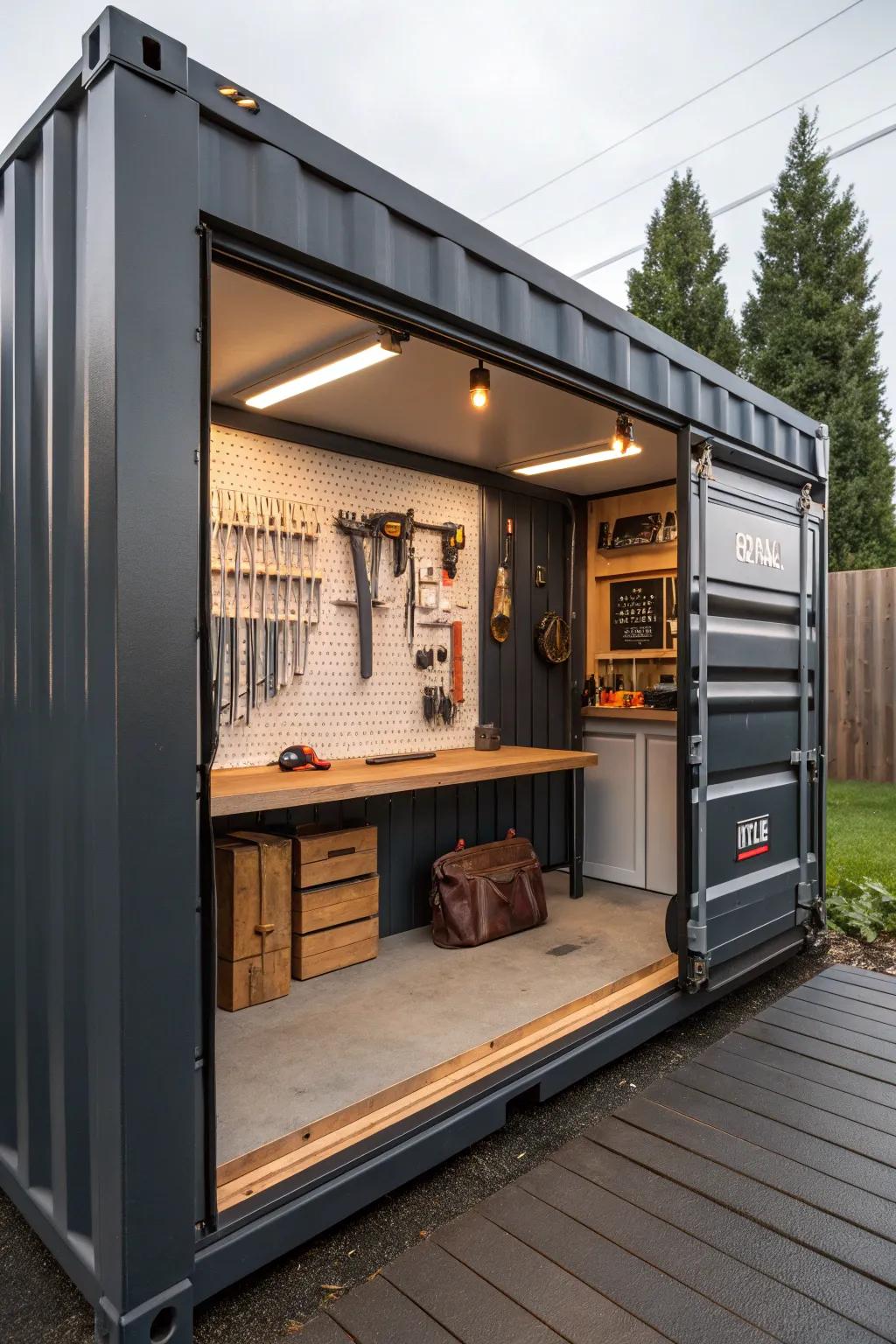 Discover the art of transformation: a shipping container turned into a sleek, multi-functional workshop.