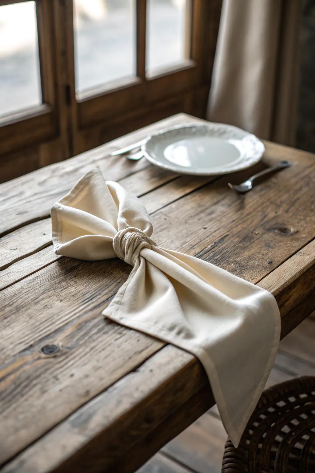A silk napkin tied into a casual knot, offering a relaxed elegance to your dining setup.