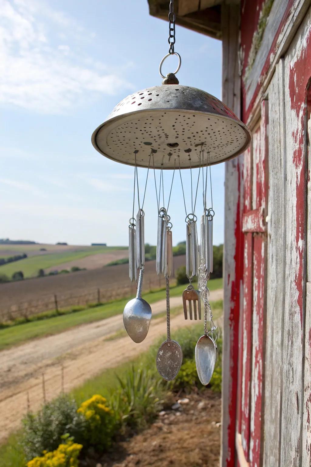 A colander adds rustic charm to this silverware wind chime.