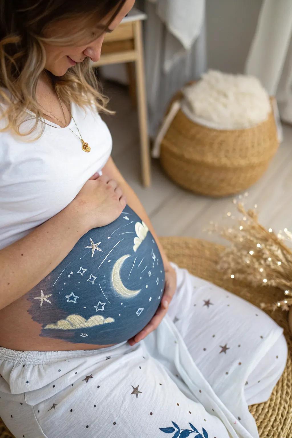 Embrace the magic of a starry night on your belly—where dreams and baby kicks come alive.