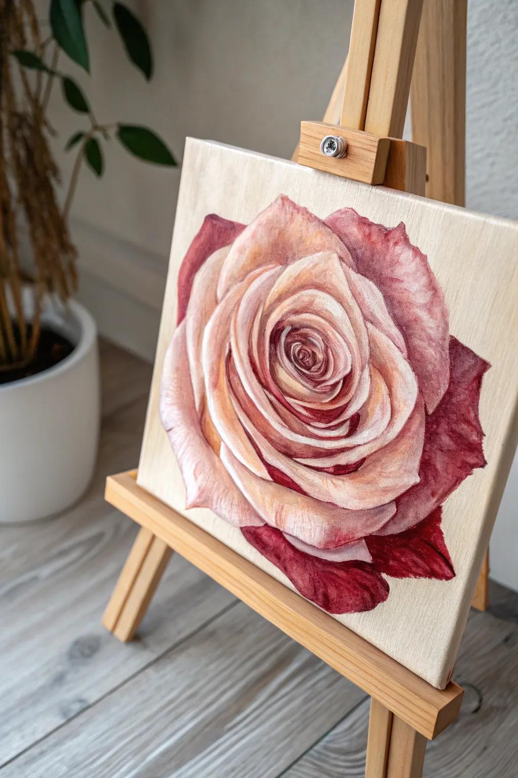 Discover the elegance of 'Rose Romance' with minimalist brush strokes and subtle hues.