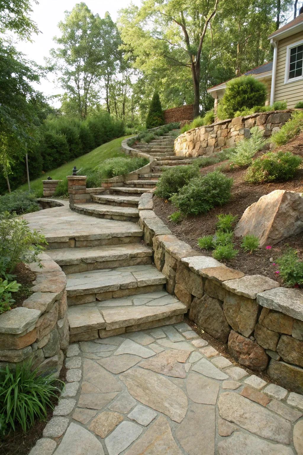 Navigate your garden with ease and style: A masterfully crafted stone pathway for a sloped backyard.