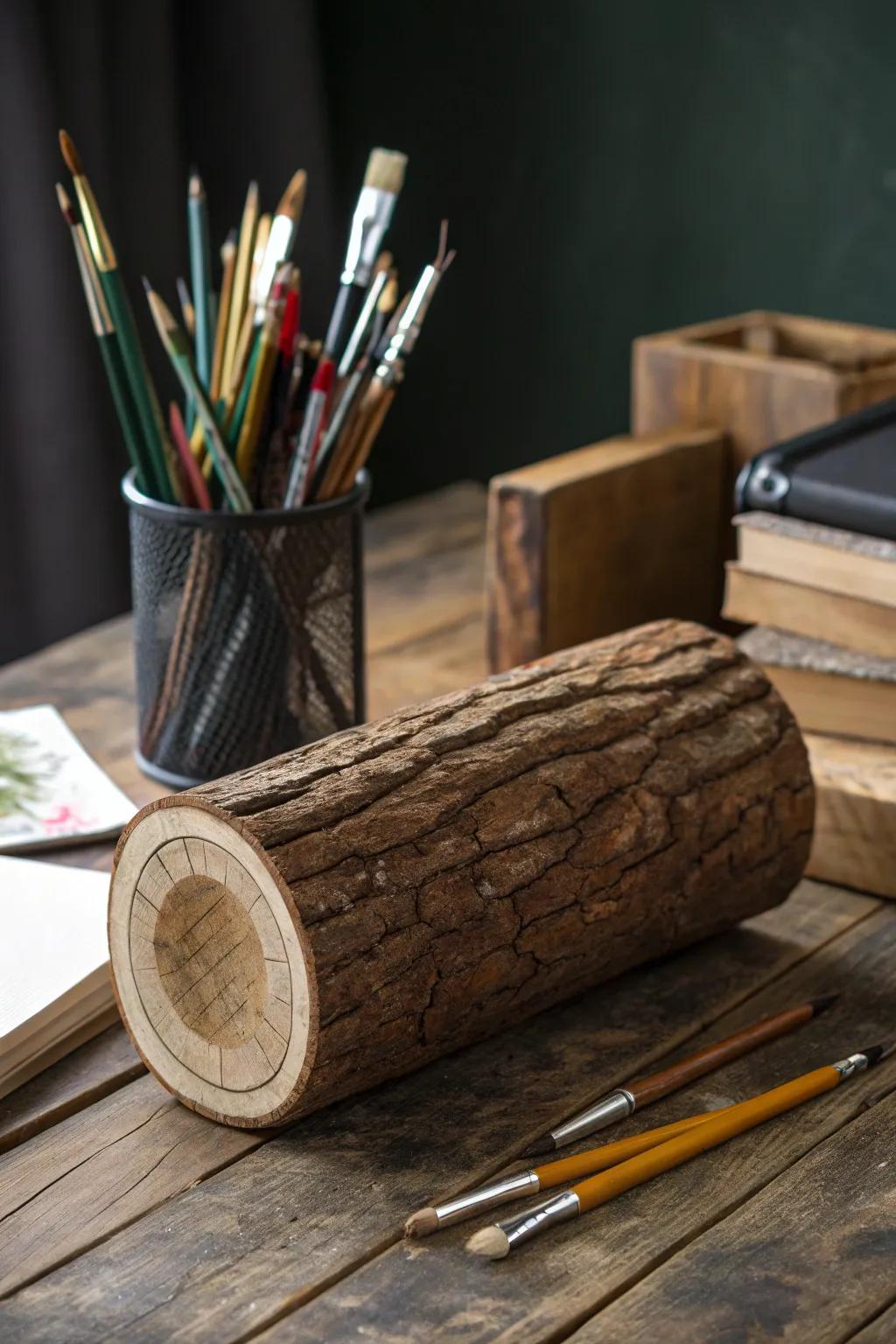 Embrace rustic elegance with this handcrafted log organizer, perfect for adding a touch of nature to your workspace.