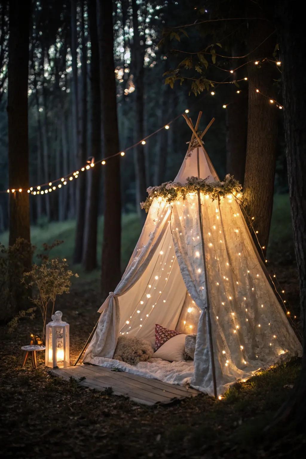 Dreamy tent setup with twinkling fairy lights.