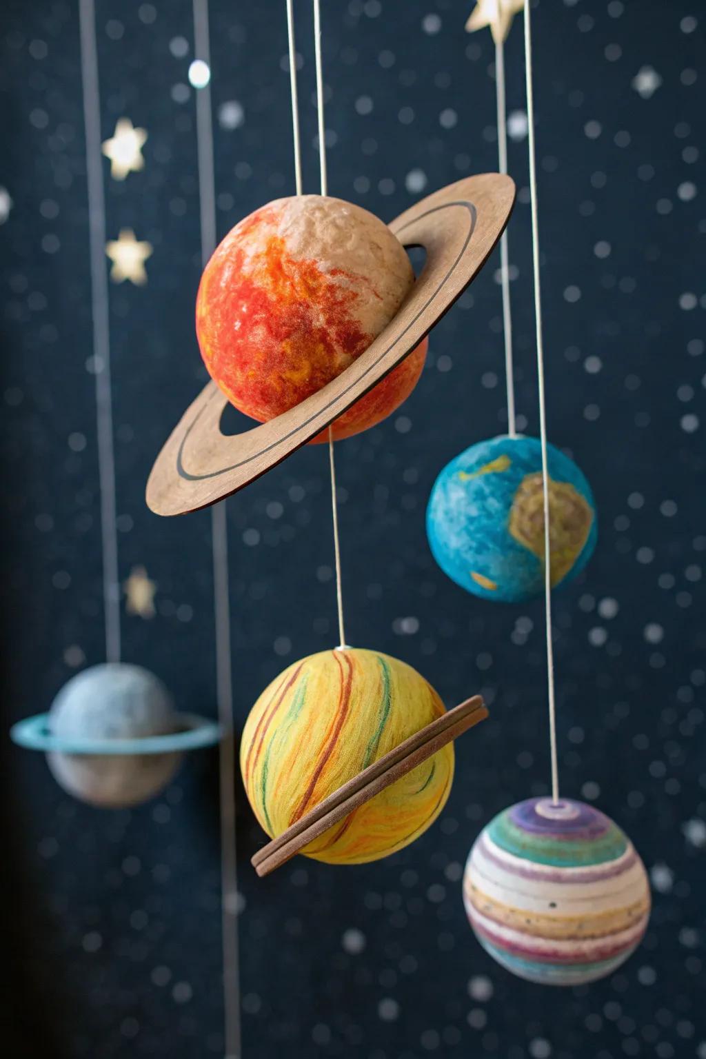 Explore the cosmos with this handcrafted solar system mobile, where artistry brings the universe to life.