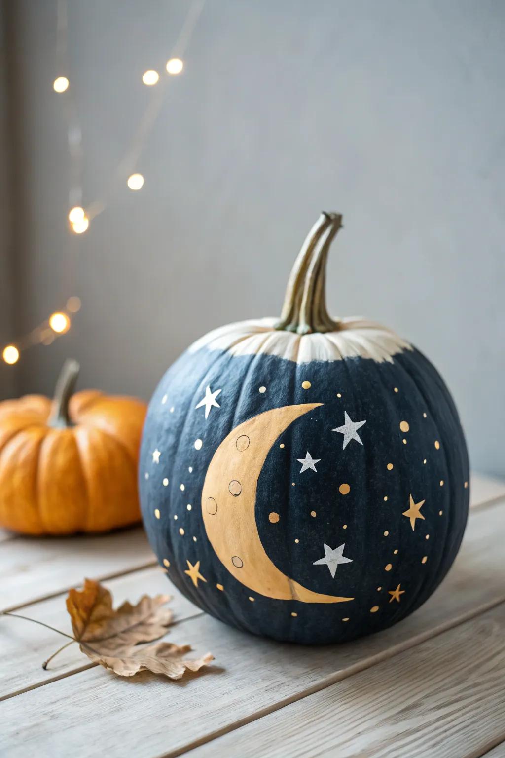Bring the serene magic of a starry night indoors with this beautifully painted pumpkin. 🌙✨ #MinimalistDecor #StarryPumpkin