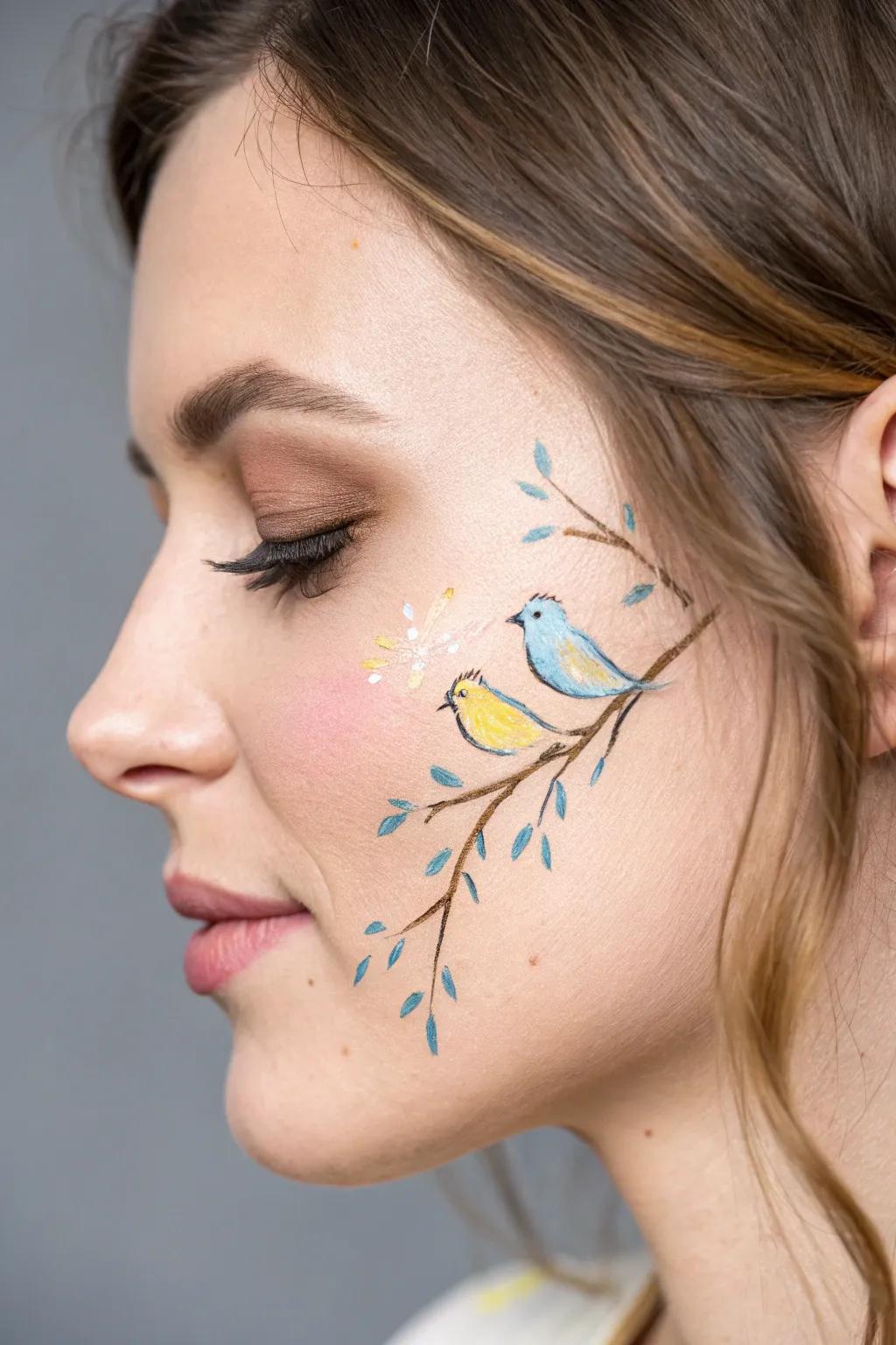 Embrace the serenity of spring with delicate birds on a branch, a minimalist face paint masterpiece.