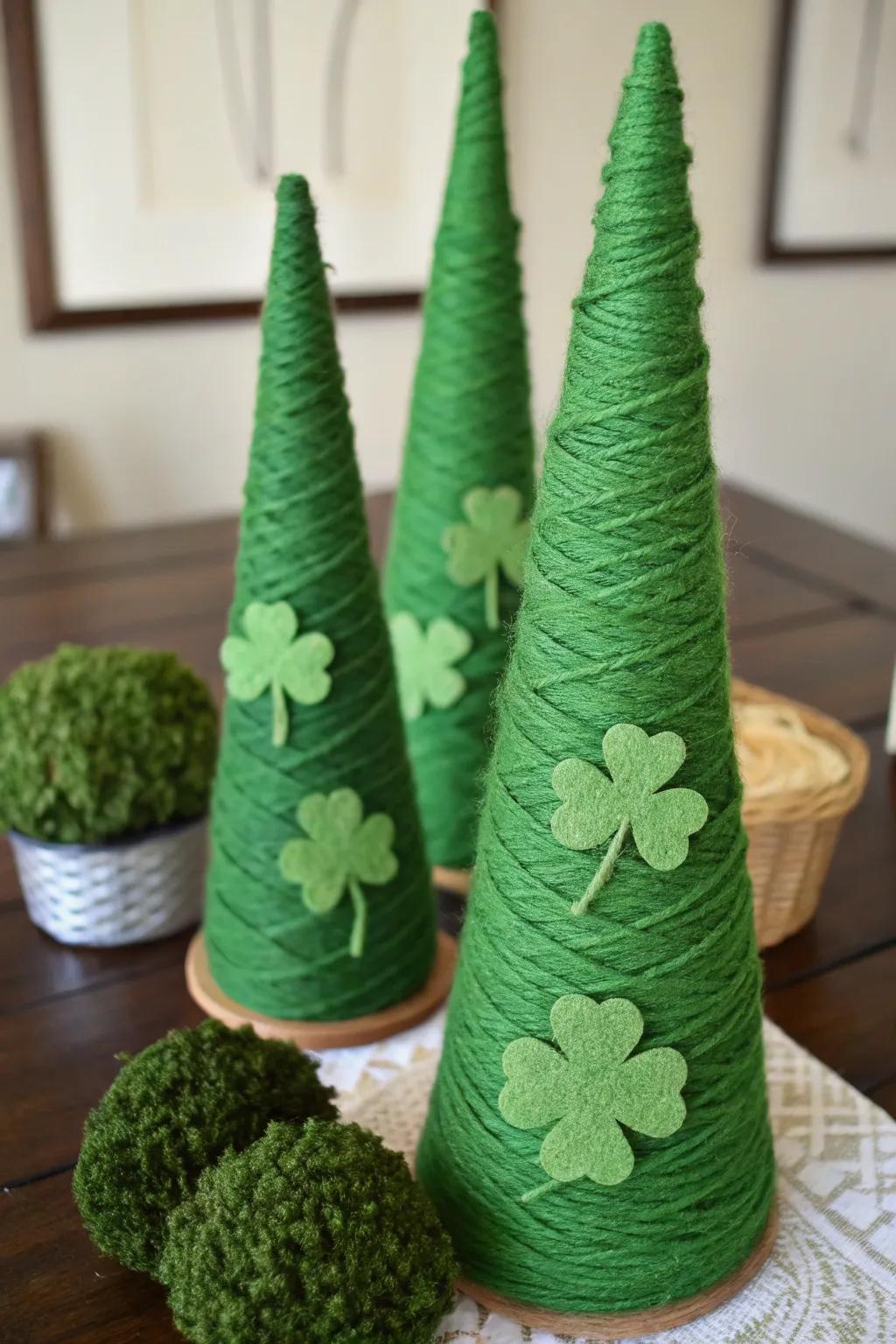 Clover yarn trees bring a playful element to your St. Patrick's Day table.