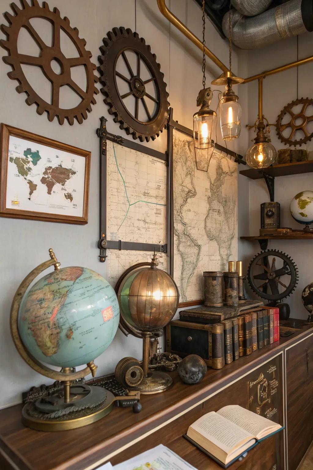 Globes and vintage maps infuse this steampunk room with a sense of adventure.