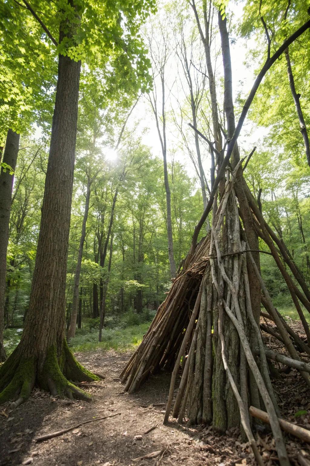 Embrace the adventure of crafting your own A-frame fort in the heart of the woods.