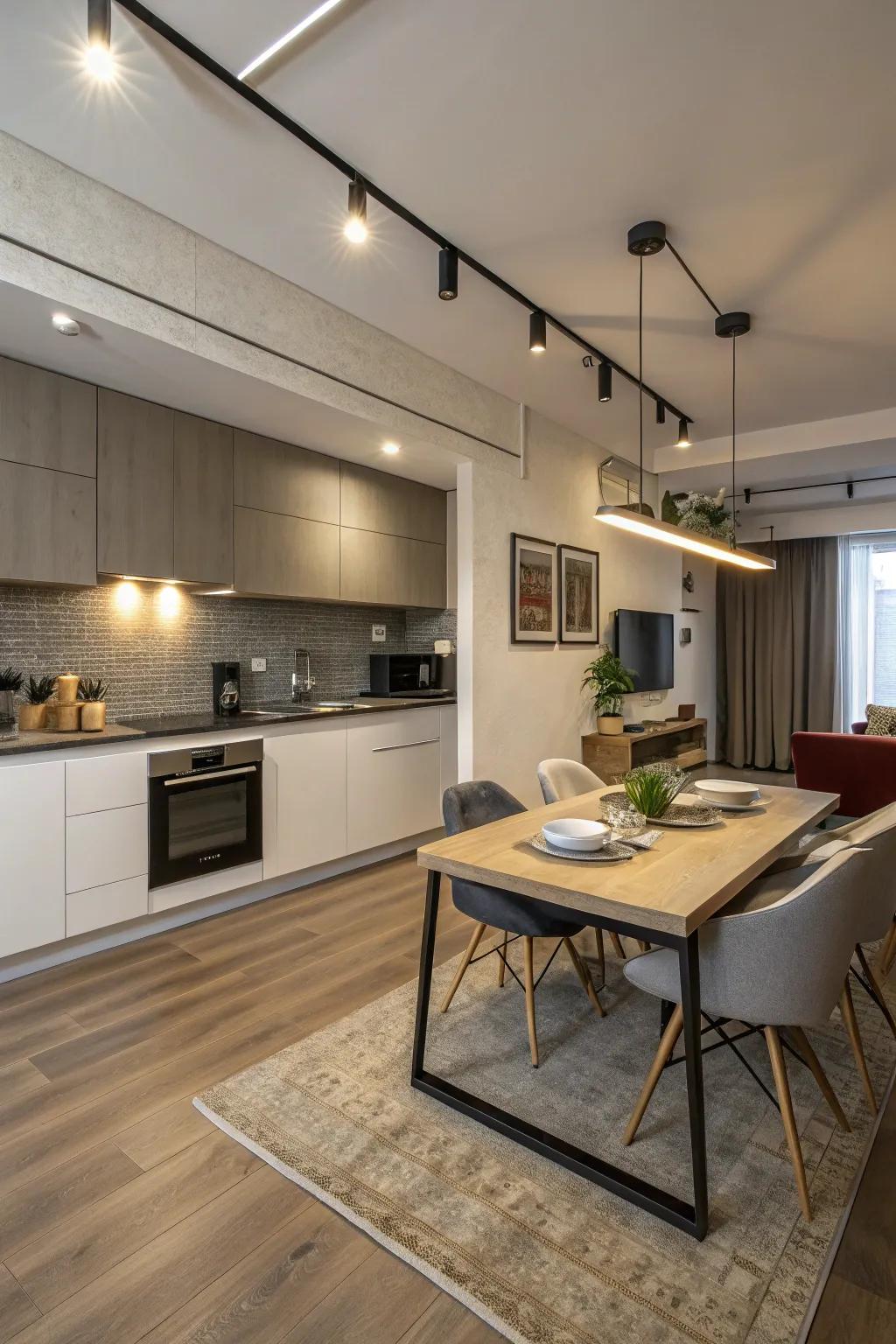 A kitchen island with an integrated dining table maximizes space.