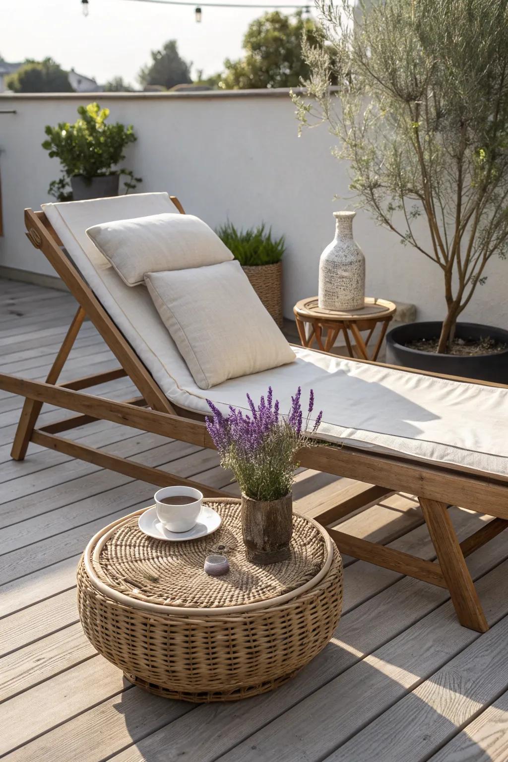 Unwind in style with this serene relaxation nook—where simplicity meets natural beauty.