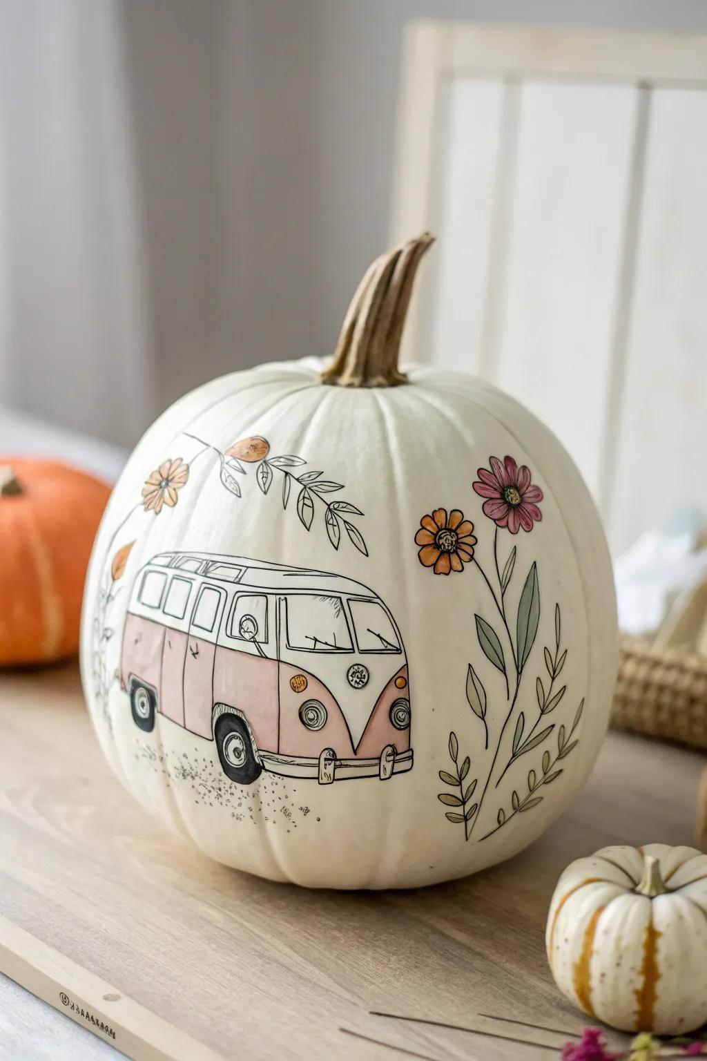 Embrace nostalgia with a vintage Volkswagen pumpkin design, perfect for your minimalist autumn decor.