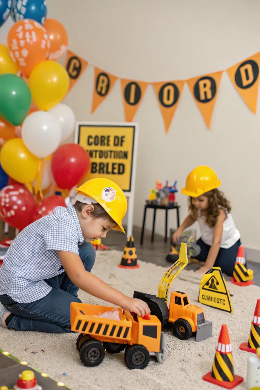 Construction-themed setup with engaging building activities.