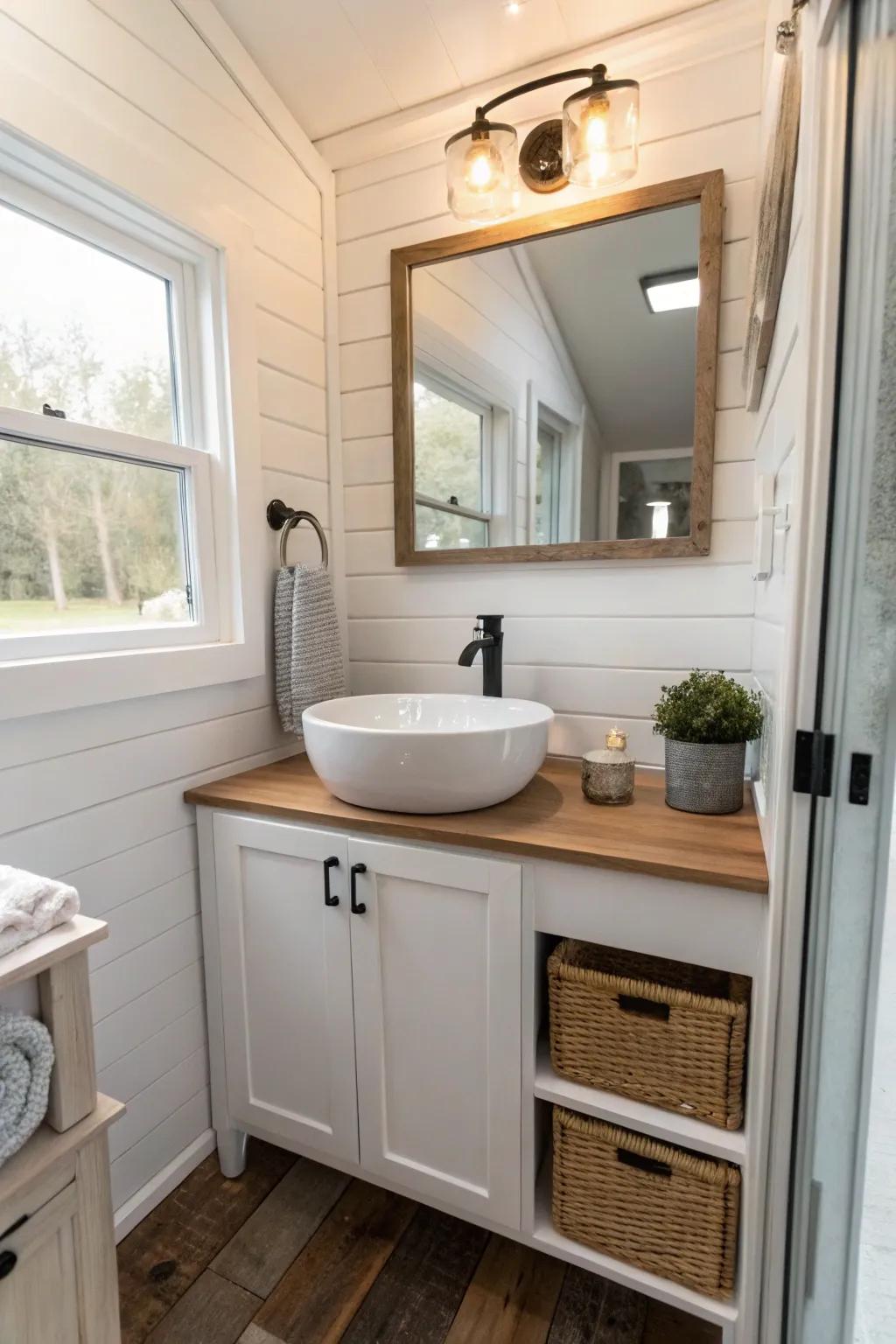 A stylish vessel sink making a statement in a tiny house bathroom.