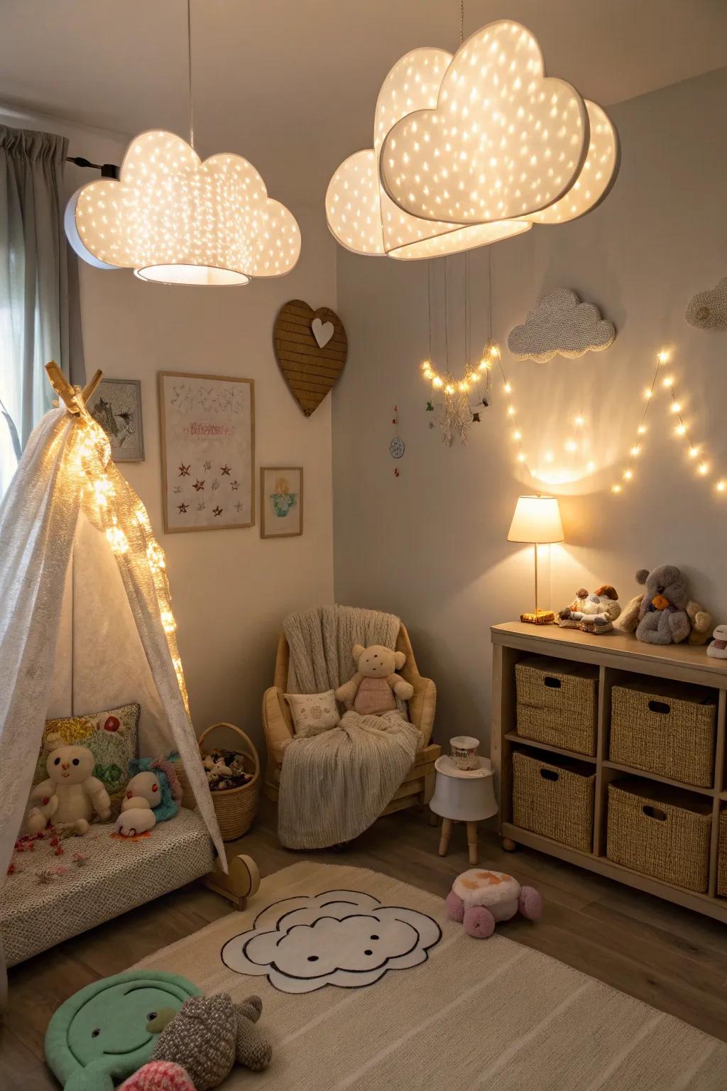 Whimsical lighting adds warmth and charm to the room.