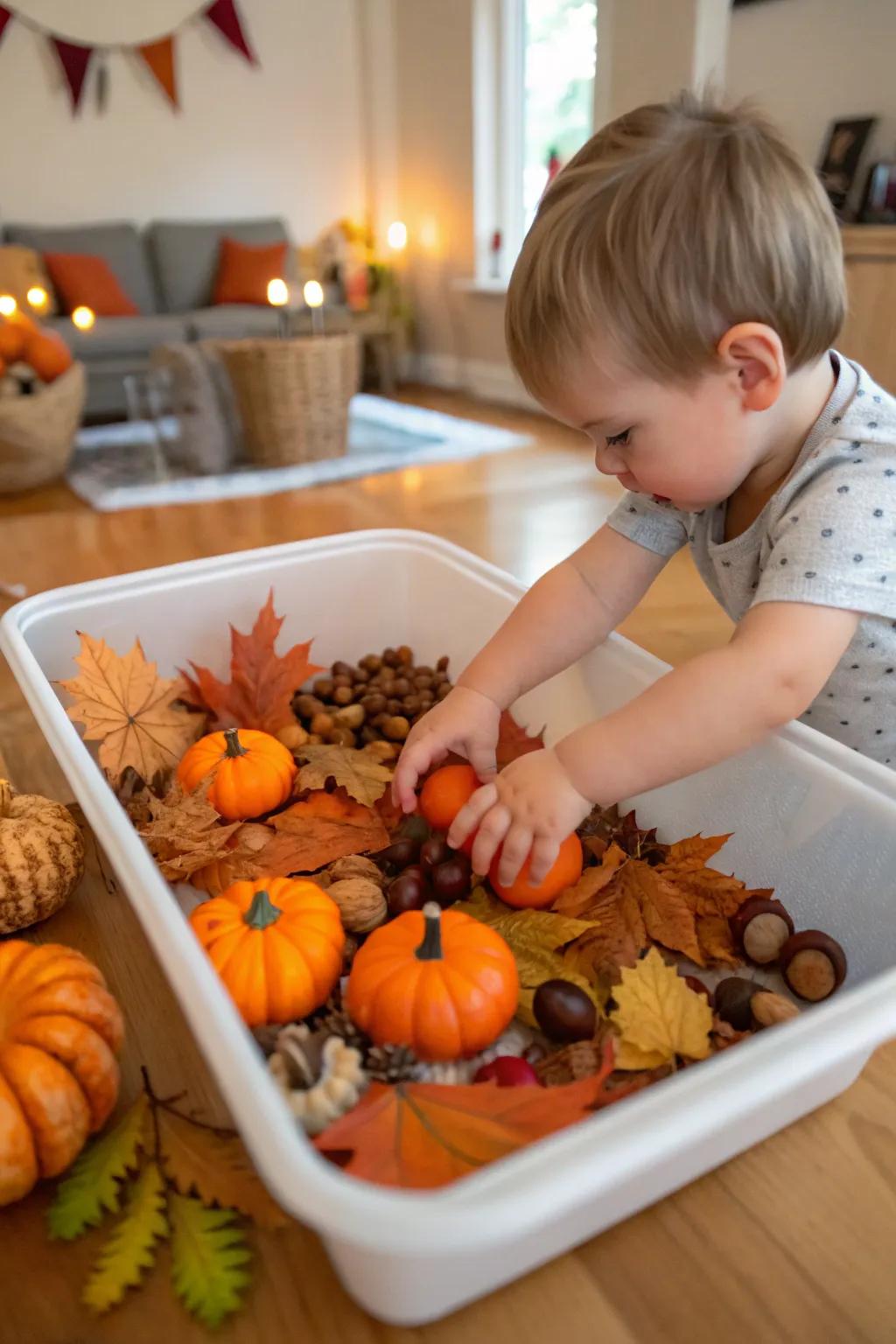 Engage your toddler's senses with a pumpkin-themed sensory bin.